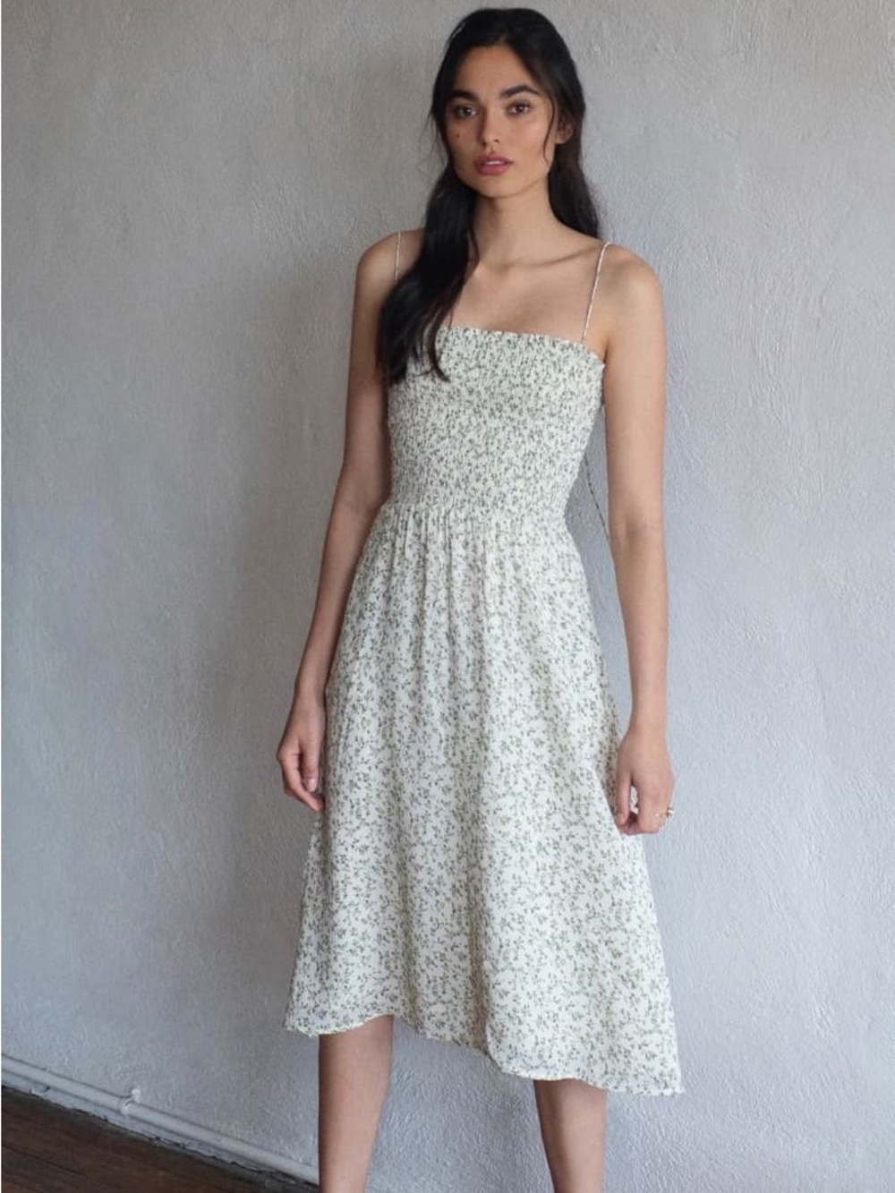 Reformation Sable Green Floral Smocked Tie-Strap Viscose Midi Dress S